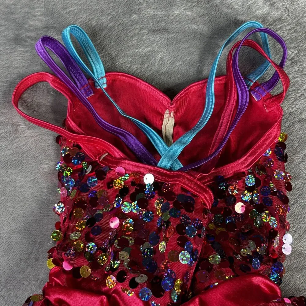 Weissman Dance Costume Girls XS Pink Sequin Tutu Dress Rainbow Straps Headpiece‎